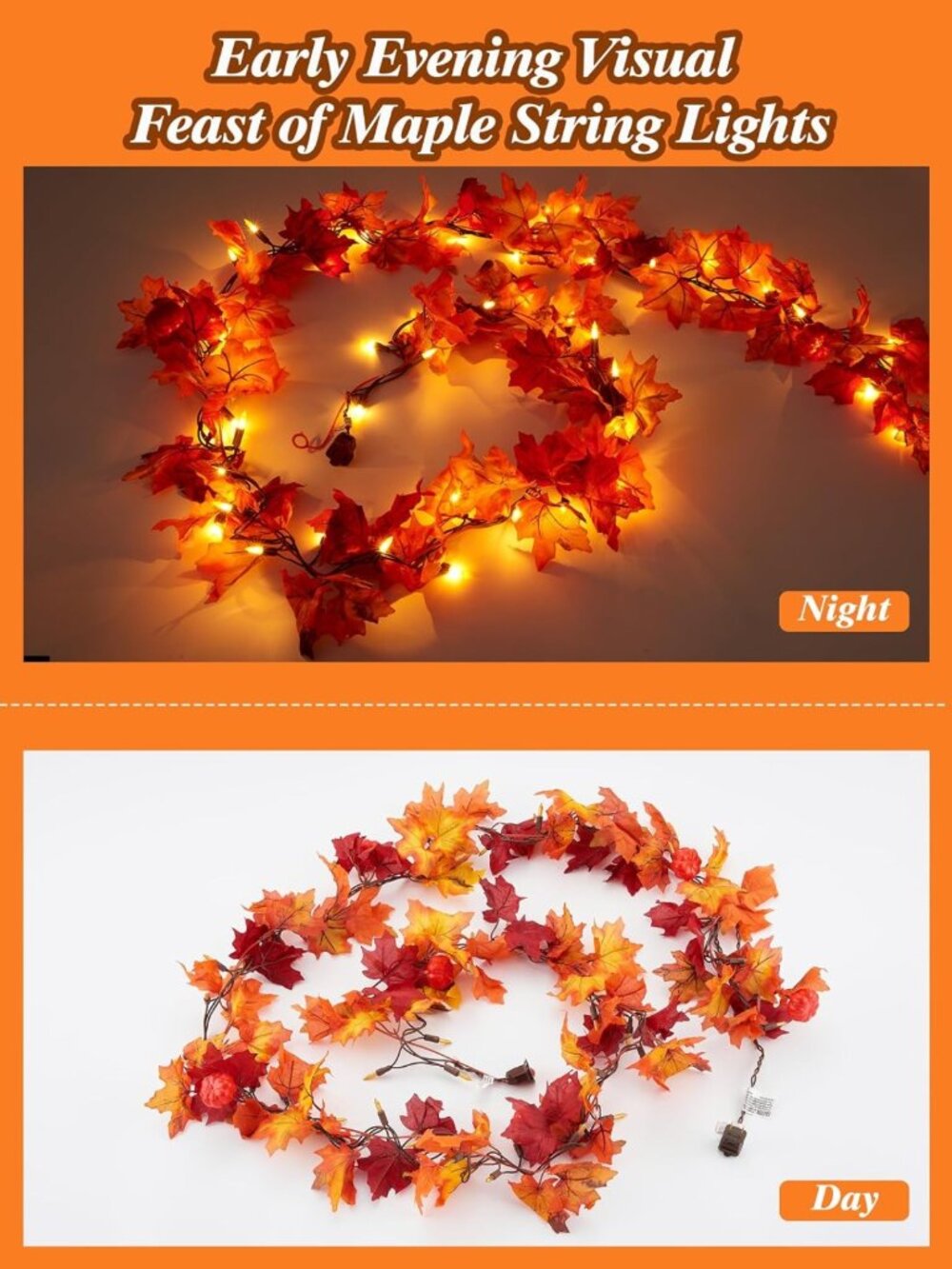 11FT Fall Garland with Lights - 50 Connectable Maple Leaves & Pumpkins - Picture 9 of 9